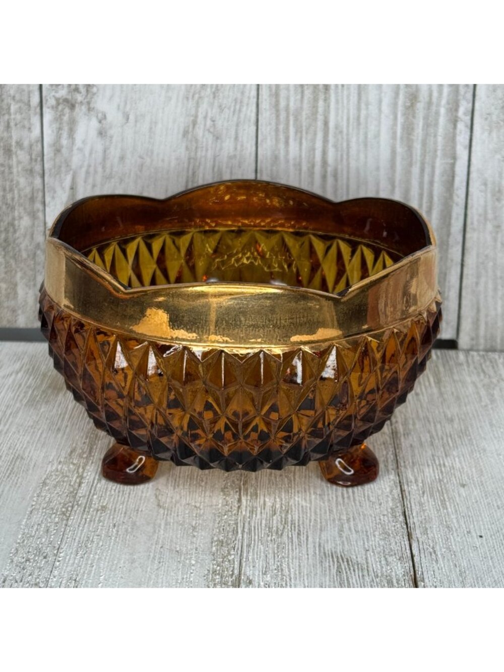 Vintage Indiana Glass Amber Diamond Point Footed Bowl with Gold Rim